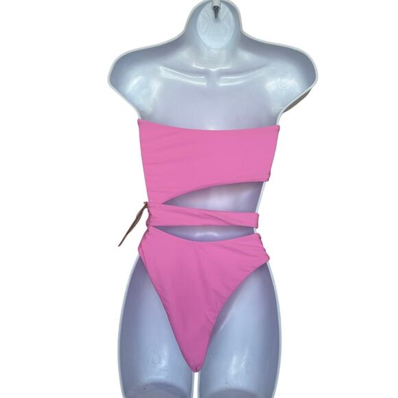 Lovewave Pink Strapless One Piece Swimsuit SMALL Cutout Monokini Cheeky $128 NEW - Picture 6 of 9